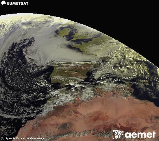 Esta imagen se genera utilizando informaci�n de los canales visibles del sat�lite METEOSAT perteneciente a la segunda generaci�n de sat�lites Meteosat (MSG). Por ese motivo, s�lo hay informaci�n en la zona iluminada por el sol. Adem�s, los canales han sido normalizados para que el brillo no dependa de la posici�n del sol.&nbsp;asteazkena, 2025ko abenduak 24, ordua: 16:00