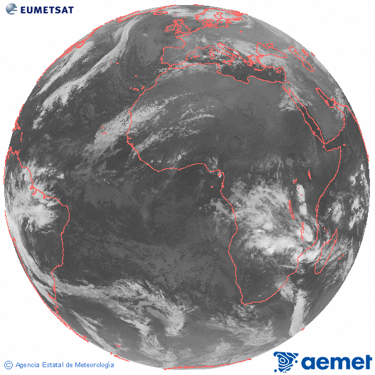 Imagen global del canal infrarrojo (10.8 &mu;m) del sat�lite Meteosat, perteneciente a la serie MSG (Meteosat Segunda Generaci�n) y situado en 0�N 0�E.&nbsp;dijous, 25 de desembre  2025 04:00