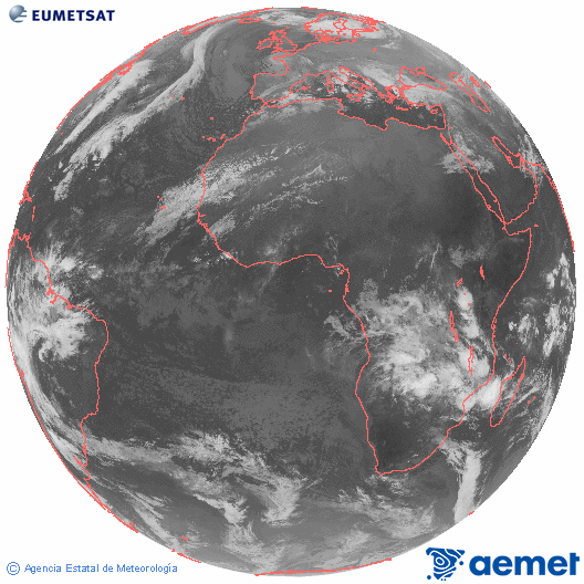 Imagen global del canal infrarrojo (10.8 &mu;m) del sat�lite Meteosat, perteneciente a la serie MSG (Meteosat Segunda Generaci�n) y situado en 0�N 0�E.&nbsp;dijous, 25 de desembre  2025 07:00