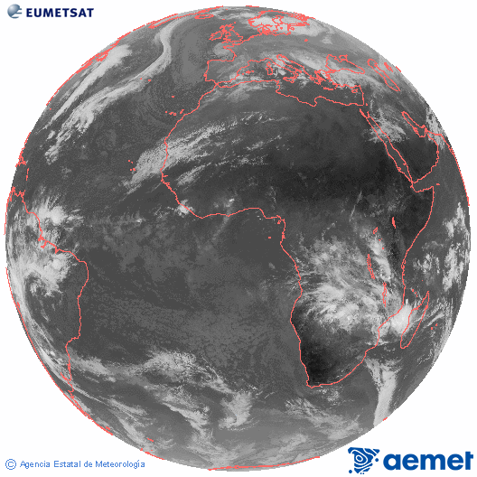 Imagen global del canal infrarrojo (10.8 &mu;m) del sat�lite Meteosat, perteneciente a la serie MSG (Meteosat Segunda Generaci�n) y situado en 0�N 0�E.&nbsp;dijous, 25 de desembre  2025 10:00