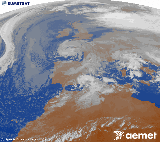 Imagen de la zona de Europa y Norte de �frica del canal infrarrojo del sat�lite Meteosat operacional en 0�N 0�W, procesada para darle color.&nbsp;Thursday, 25 December  2025 11:00
