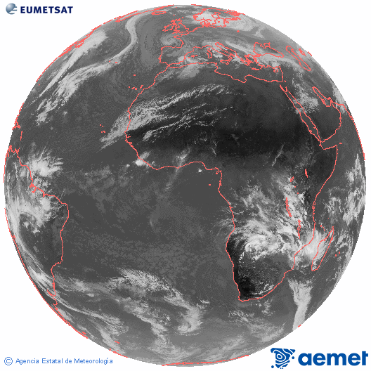 Imagen global del canal infrarrojo (10.8 &mu;m) del sat�lite Meteosat, perteneciente a la serie MSG (Meteosat Segunda Generaci�n) y situado en 0�N 0�E.&nbsp;dijous, 25 de desembre  2025 13:00