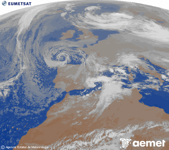Imagen de la zona de Europa y Norte de �frica del canal infrarrojo del sat�lite Meteosat operacional en 0�N 0�W, procesada para darle color.&nbsp;Thursday, 25 December  2025 21:00