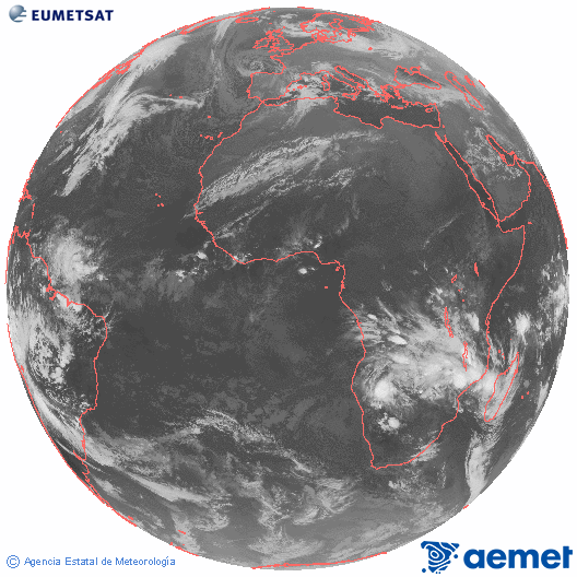 Imaxe global da canle infravermella (10.8 &mu;m) do sat�lite  Meteosat, pertencente � serie MSX (Meteosat Segunda Xeraci�n) e situado en 0�N 0�E.&nbsp;xoves, 25 decembro  2025 22:00