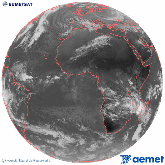 Imagen global del canal infrarrojo (10.8 &mu;m) del sat�lite Meteosat, perteneciente a la serie MSG (Meteosat Segunda Generaci�n) y situado en 0�N 0�E.&nbsp;vendredi, 26 d�cembre  2025 10:00