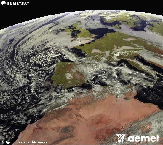 Esta imagen se genera utilizando informaci�n de los canales visibles del sat�lite METEOSAT perteneciente a la segunda generaci�n de sat�lites Meteosat (MSG). Por ese motivo, s�lo hay informaci�n en la zona iluminada por el sol. Adem�s, los canales han sido normalizados para que el brillo no dependa de la posici�n del sol.&nbsp;ostirala, 2025ko abenduak 26, ordua: 12:00