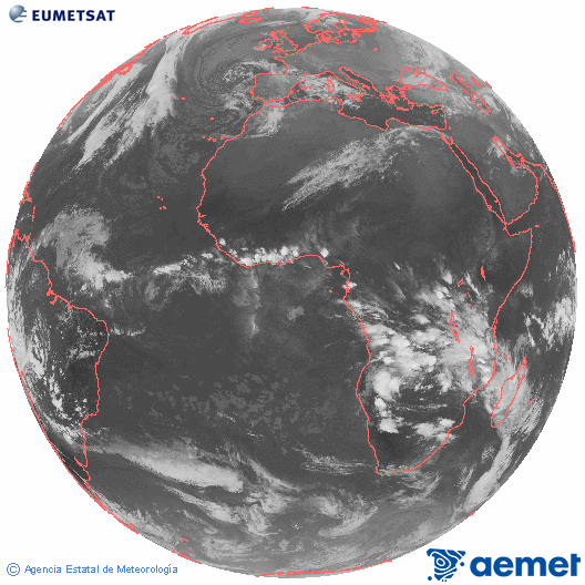 Imagen global del canal infrarrojo (10.8 &mu;m) del sat�lite Meteosat, perteneciente a la serie MSG (Meteosat Segunda Generaci�n) y situado en 0�N 0�E.&nbsp;vendredi, 26 d�cembre  2025 19:00