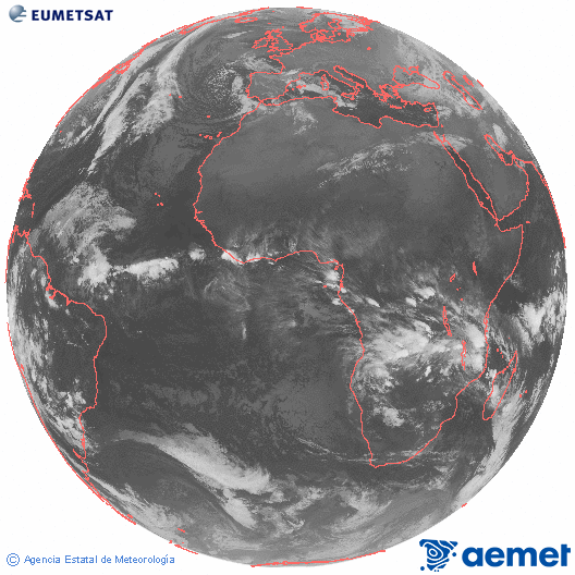 Imagen global del canal infrarrojo (10.8 &mu;m) del sat�lite Meteosat, perteneciente a la serie MSG (Meteosat Segunda Generaci�n) y situado en 0�N 0�E.&nbsp;samedi, 27 d�cembre  2025 04:00