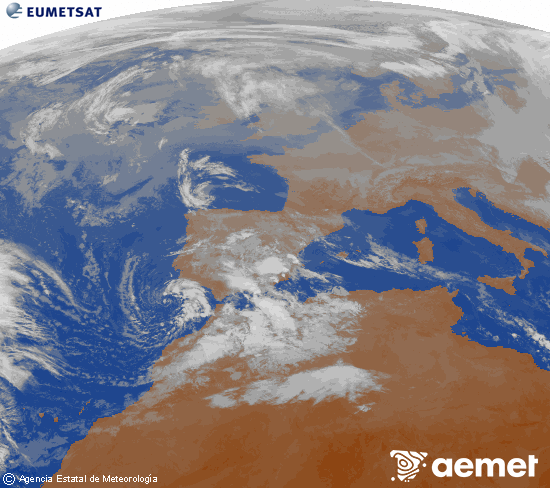 Imagen de la zona de Europa y Norte de �frica del canal infrarrojo del sat�lite Meteosat operacional en 0�N 0�W, procesada para darle color.&nbsp;domingo, 28 diciembre 2025 a las 11:00