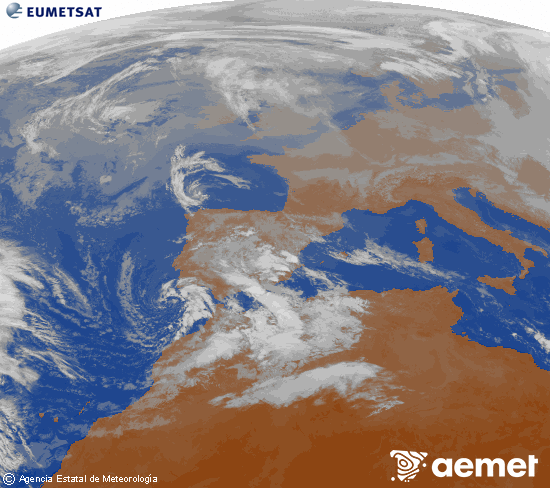 Imagen de la zona de Europa y Norte de �frica del canal infrarrojo del sat�lite Meteosat operacional en 0�N 0�W, procesada para darle color.&nbsp;domingo, 28 diciembre 2025 a las 12:00