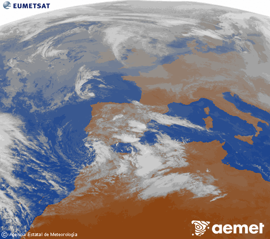 Imagen de la zona de Europa y Norte de �frica del canal infrarrojo del sat�lite Meteosat operacional en 0�N 0�W, procesada para darle color.&nbsp;domingo, 28 diciembre 2025 a las 15:00