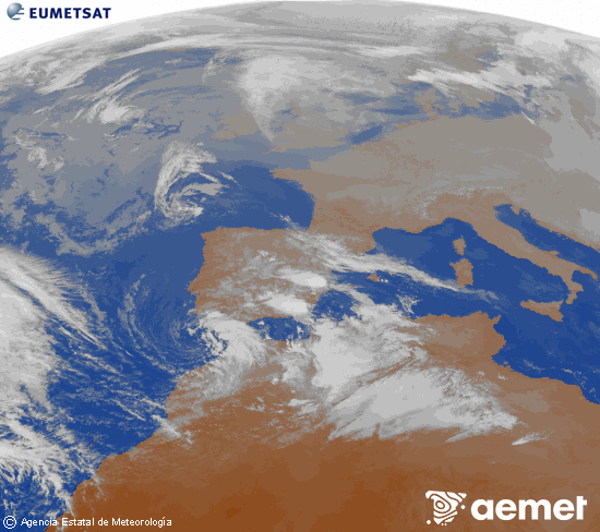 Imagen de la zona de Europa y Norte de �frica del canal infrarrojo del sat�lite Meteosat operacional en 0�N 0�W, procesada para darle color.&nbsp;domingo, 28 diciembre 2025 a las 17:00