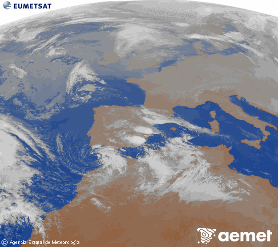 Imagen de la zona de Europa y Norte de �frica del canal infrarrojo del sat�lite Meteosat operacional en 0�N 0�W, procesada para darle color.&nbsp;domingo, 28 diciembre 2025 a las 19:00