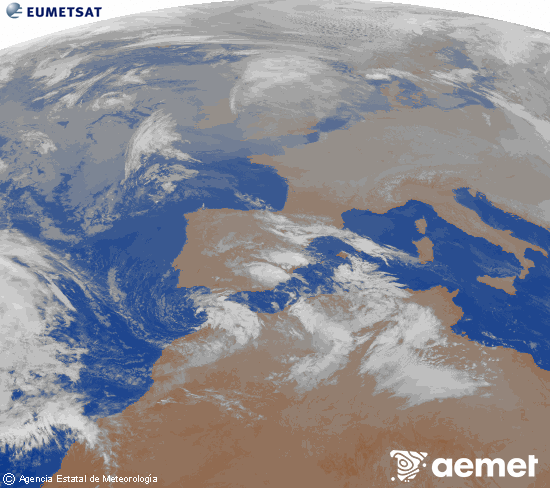 Imagen de la zona de Europa y Norte de �frica del canal infrarrojo del sat�lite Meteosat operacional en 0�N 0�W, procesada para darle color.&nbsp;domingo, 28 diciembre 2025 a las 21:00