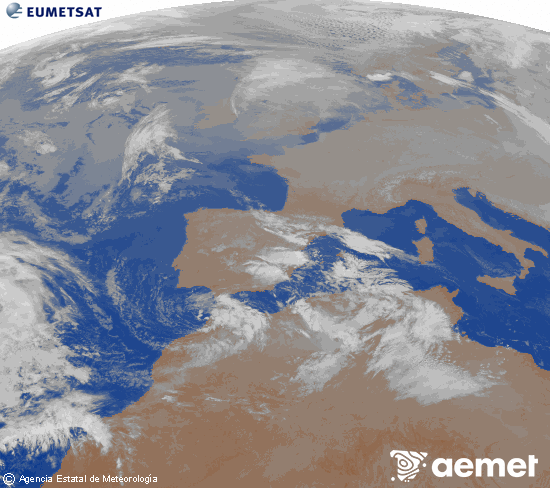 Imagen de la zona de Europa y Norte de �frica del canal infrarrojo del sat�lite Meteosat operacional en 0�N 0�W, procesada para darle color.&nbsp;domingo, 28 diciembre 2025 a las 22:00