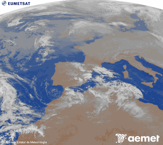 Imagen de la zona de Europa y Norte de �frica del canal infrarrojo del sat�lite Meteosat operacional en 0�N 0�W, procesada para darle color.&nbsp;lunes, 29 diciembre 2025 a las 01:00