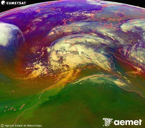 Composici�n RGB en la que se mezclan varios canales del sat�lite Meteosat operacional en 0�N 0�W, que nos da una idea de las caracter�sticas de las masas de aire y de la nubosidad.&nbsp;viernes, 13 febrero 2026 a las 10:00