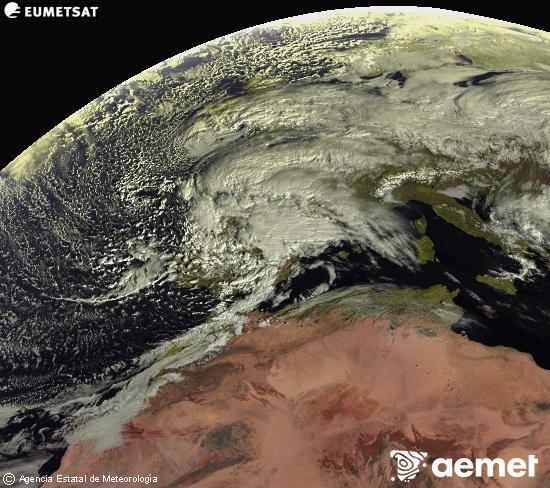 Esta imagen se genera utilizando informaci�n de los canales visibles del sat�lite METEOSAT perteneciente a la segunda generaci�n de sat�lites Meteosat (MSG). Por ese motivo, s�lo hay informaci�n en la zona iluminada por el sol. Adem�s, los canales han sido normalizados para que el brillo no dependa de la posici�n del sol.&nbsp;viernes, 13 febrero 2026 a las 10:00
