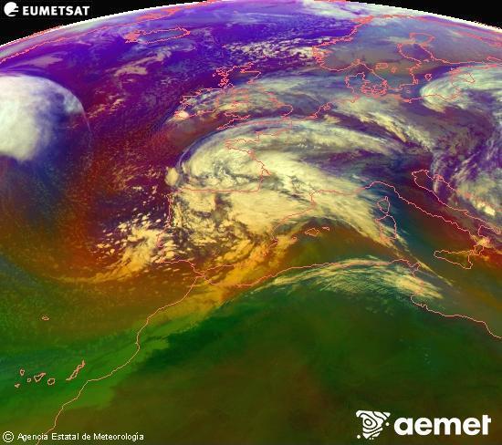 Composici�n RGB en la que se mezclan varios canales del sat�lite Meteosat operacional en 0�N 0�W, que nos da una idea de las caracter�sticas de las masas de aire y de la nubosidad.&nbsp;viernes, 13 febrero 2026 a las 11:00