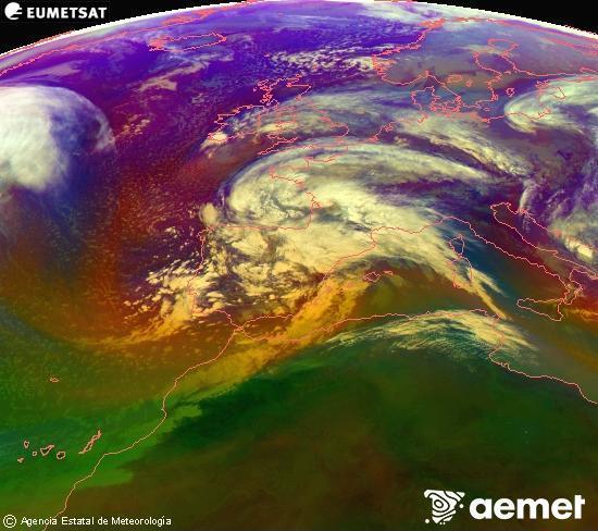 Composici�n RGB en la que se mezclan varios canales del sat�lite Meteosat operacional en 0�N 0�W, que nos da una idea de las caracter�sticas de las masas de aire y de la nubosidad.&nbsp;viernes, 13 febrero 2026 a las 12:00