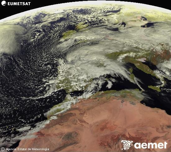 Esta imagen se genera utilizando informaci�n de los canales visibles del sat�lite METEOSAT perteneciente a la segunda generaci�n de sat�lites Meteosat (MSG). Por ese motivo, s�lo hay informaci�n en la zona iluminada por el sol. Adem�s, los canales han sido normalizados para que el brillo no dependa de la posici�n del sol.&nbsp;viernes, 13 febrero 2026 a las 12:00