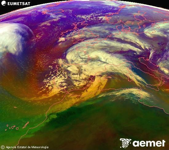 Composici�n RGB en la que se mezclan varios canales del sat�lite Meteosat operacional en 0�N 0�W, que nos da una idea de las caracter�sticas de las masas de aire y de la nubosidad.&nbsp;viernes, 13 febrero 2026 a las 13:00
