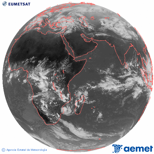 Oc�ano �ndico. Imagen global del canal infrarrojo (10.8&mu;m) de Meteosat, perteneciente a la serie MSG (Meteosat Segunda Generaci�n) y situado en 41.5° E.&nbsp;viernes, 13 febrero 2026 a las 13:00