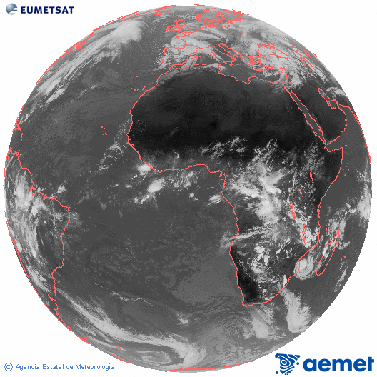 Imagen global del canal infrarrojo (10.8 &mu;m) del sat�lite Meteosat, perteneciente a la serie MSG (Meteosat Segunda Generaci�n) y situado en 0�N 0�E.&nbsp;viernes, 13 febrero 2026 a las 13:00