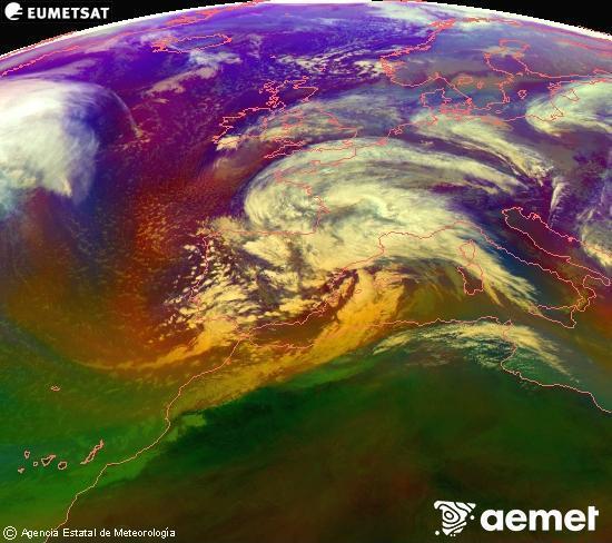 Composici�n RGB en la que se mezclan varios canales del sat�lite Meteosat operacional en 0�N 0�W, que nos da una idea de las caracter�sticas de las masas de aire y de la nubosidad.&nbsp;viernes, 13 febrero 2026 a las 14:00