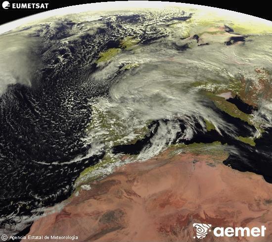 Esta imagen se genera utilizando informaci�n de los canales visibles del sat�lite METEOSAT perteneciente a la segunda generaci�n de sat�lites Meteosat (MSG). Por ese motivo, s�lo hay informaci�n en la zona iluminada por el sol. Adem�s, los canales han sido normalizados para que el brillo no dependa de la posici�n del sol.&nbsp;viernes, 13 febrero 2026 a las 14:00