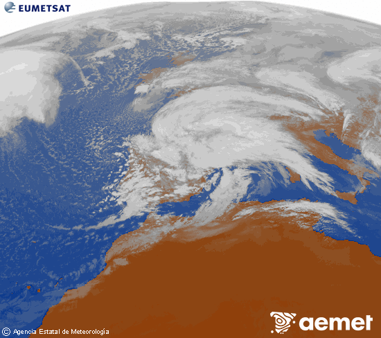Imagen de la zona de Europa y Norte de �frica del canal infrarrojo del sat�lite Meteosat operacional en 0�N 0�W, procesada para darle color.&nbsp;viernes, 13 febrero 2026 a las 14:00