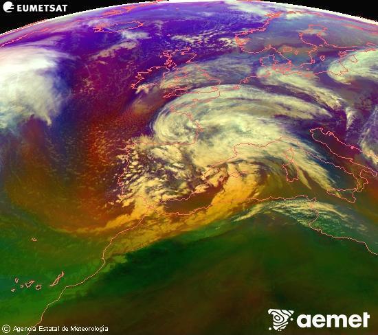 Composici�n RGB en la que se mezclan varios canales del sat�lite Meteosat operacional en 0�N 0�W, que nos da una idea de las caracter�sticas de las masas de aire y de la nubosidad.&nbsp;viernes, 13 febrero 2026 a las 15:00