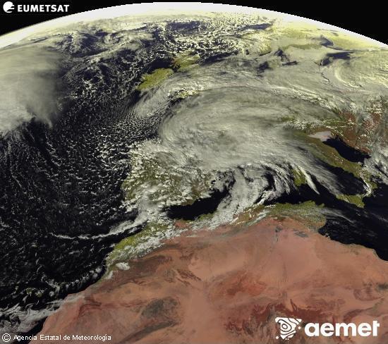 Esta imagen se genera utilizando informaci�n de los canales visibles del sat�lite METEOSAT perteneciente a la segunda generaci�n de sat�lites Meteosat (MSG). Por ese motivo, s�lo hay informaci�n en la zona iluminada por el sol. Adem�s, los canales han sido normalizados para que el brillo no dependa de la posici�n del sol.&nbsp;viernes, 13 febrero 2026 a las 15:00