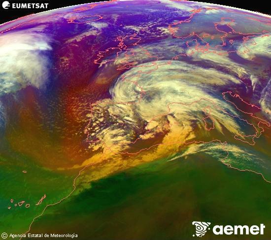 Composici�n RGB en la que se mezclan varios canales del sat�lite Meteosat operacional en 0�N 0�W, que nos da una idea de las caracter�sticas de las masas de aire y de la nubosidad.&nbsp;viernes, 13 febrero 2026 a las 16:00
