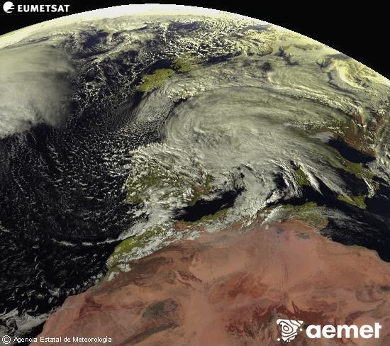 Esta imagen se genera utilizando informaci�n de los canales visibles del sat�lite METEOSAT perteneciente a la segunda generaci�n de sat�lites Meteosat (MSG). Por ese motivo, s�lo hay informaci�n en la zona iluminada por el sol. Adem�s, los canales han sido normalizados para que el brillo no dependa de la posici�n del sol.&nbsp;viernes, 13 febrero 2026 a las 16:00