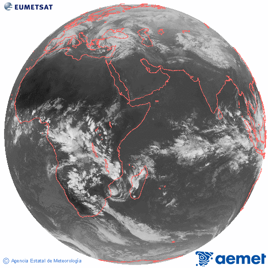 Oc�ano �ndico. Imagen global del canal infrarrojo (10.8&mu;m) de Meteosat, perteneciente a la serie MSG (Meteosat Segunda Generaci�n) y situado en 41.5° E.&nbsp;viernes, 13 febrero 2026 a las 16:00