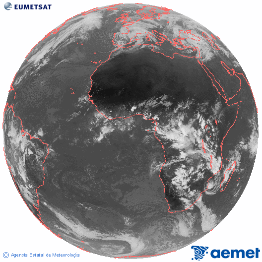 Imagen global del canal infrarrojo (10.8 &mu;m) del sat�lite Meteosat, perteneciente a la serie MSG (Meteosat Segunda Generaci�n) y situado en 0�N 0�E.&nbsp;viernes, 13 febrero 2026 a las 16:00