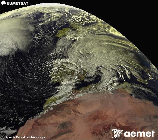Esta imagen se genera utilizando informaci�n de los canales visibles del sat�lite METEOSAT perteneciente a la segunda generaci�n de sat�lites Meteosat (MSG). Por ese motivo, s�lo hay informaci�n en la zona iluminada por el sol. Adem�s, los canales han sido normalizados para que el brillo no dependa de la posici�n del sol.&nbsp;viernes, 13 febrero 2026 a las 17:00