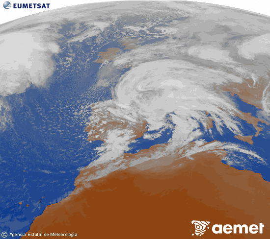 Imagen de la zona de Europa y Norte de �frica del canal infrarrojo del sat�lite Meteosat operacional en 0�N 0�W, procesada para darle color.&nbsp;viernes, 13 febrero 2026 a las 17:00