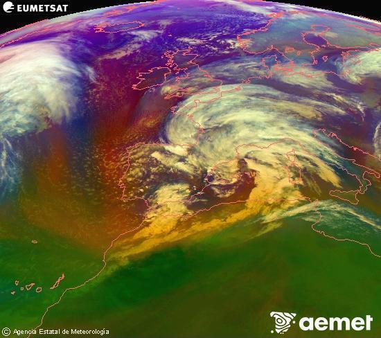 Composici�n RGB en la que se mezclan varios canales del sat�lite Meteosat operacional en 0�N 0�W, que nos da una idea de las caracter�sticas de las masas de aire y de la nubosidad.&nbsp;viernes, 13 febrero 2026 a las 18:00