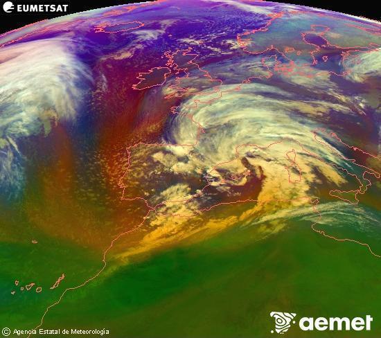 Composici�n RGB en la que se mezclan varios canales del sat�lite Meteosat operacional en 0�N 0�W, que nos da una idea de las caracter�sticas de las masas de aire y de la nubosidad.&nbsp;viernes, 13 febrero 2026 a las 19:00