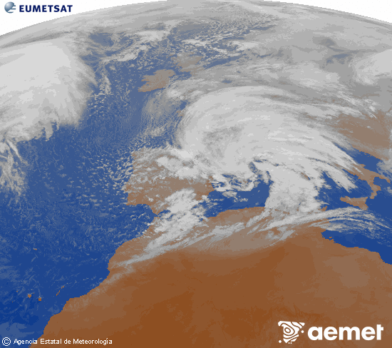 Imagen de la zona de Europa y Norte de �frica del canal infrarrojo del sat�lite Meteosat operacional en 0�N 0�W, procesada para darle color.&nbsp;viernes, 13 febrero 2026 a las 19:00