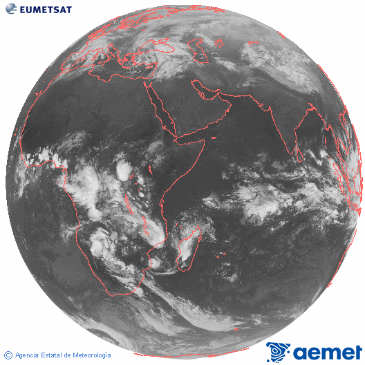 Oc�ano �ndico. Imagen global del canal infrarrojo (10.8&mu;m) de Meteosat, perteneciente a la serie MSG (Meteosat Segunda Generaci�n) y situado en 41.5° E.&nbsp;viernes, 13 febrero 2026 a las 19:00