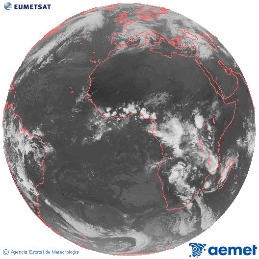 Imagen global del canal infrarrojo (10.8 &mu;m) del sat�lite Meteosat, perteneciente a la serie MSG (Meteosat Segunda Generaci�n) y situado en 0�N 0�E.&nbsp;viernes, 13 febrero 2026 a las 19:00
