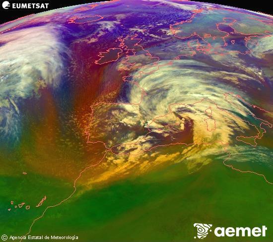 Composici�n RGB en la que se mezclan varios canales del sat�lite Meteosat operacional en 0�N 0�W, que nos da una idea de las caracter�sticas de las masas de aire y de la nubosidad.&nbsp;viernes, 13 febrero 2026 a las 20:00
