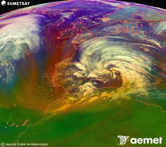 Composici�n RGB en la que se mezclan varios canales del sat�lite Meteosat operacional en 0�N 0�W, que nos da una idea de las caracter�sticas de las masas de aire y de la nubosidad.&nbsp;viernes, 13 febrero 2026 a las 21:00