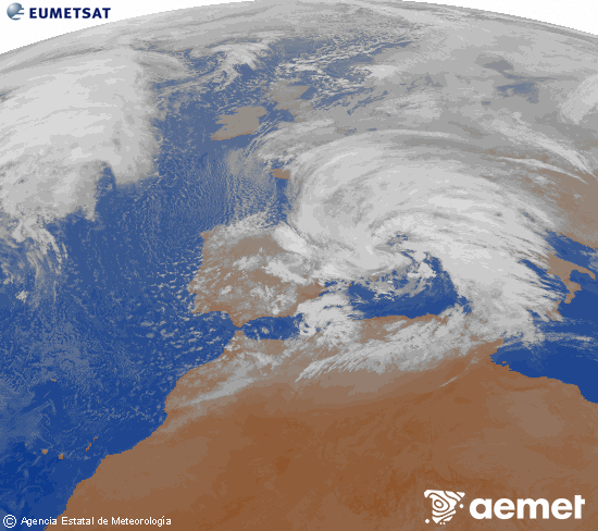 Imagen de la zona de Europa y Norte de �frica del canal infrarrojo del sat�lite Meteosat operacional en 0�N 0�W, procesada para darle color.&nbsp;viernes, 13 febrero 2026 a las 22:00