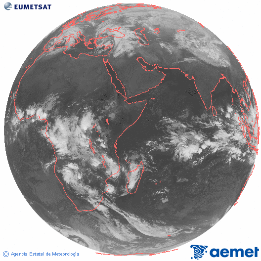 Oc�ano �ndico. Imagen global del canal infrarrojo (10.8&mu;m) de Meteosat, perteneciente a la serie MSG (Meteosat Segunda Generaci�n) y situado en 41.5° E.&nbsp;viernes, 13 febrero 2026 a las 22:00