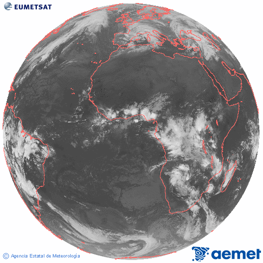 Imagen global del canal infrarrojo (10.8 &mu;m) del sat�lite Meteosat, perteneciente a la serie MSG (Meteosat Segunda Generaci�n) y situado en 0�N 0�E.&nbsp;viernes, 13 febrero 2026 a las 22:00