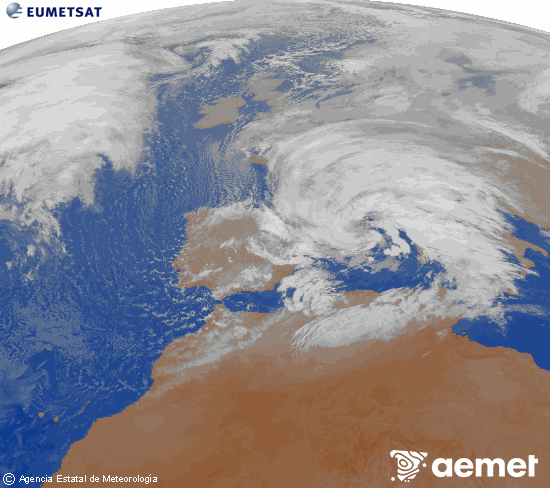 Imagen de la zona de Europa y Norte de �frica del canal infrarrojo del sat�lite Meteosat operacional en 0�N 0�W, procesada para darle color.&nbsp;viernes, 13 febrero 2026 a las 23:00